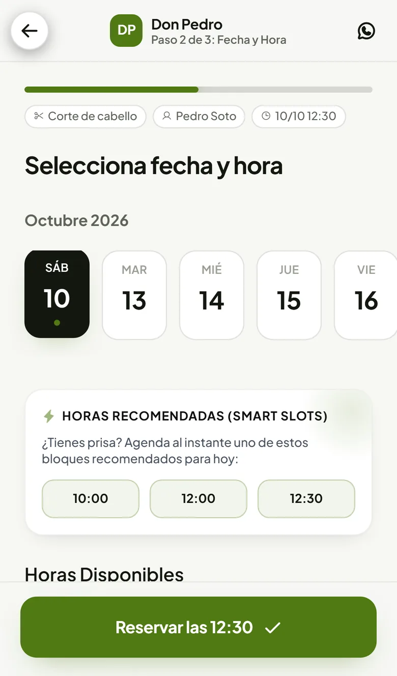 Horas disponibles en la reserva