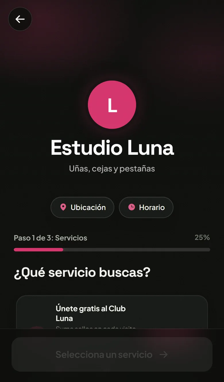 Página de reservas con la plantilla Oscura